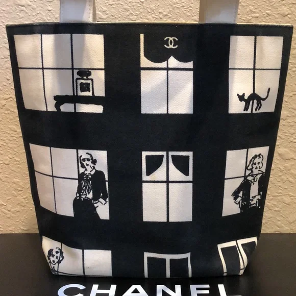 CHANEL Coco Canvas Window Tote Bag Black White Classic - Picture 4 of 15